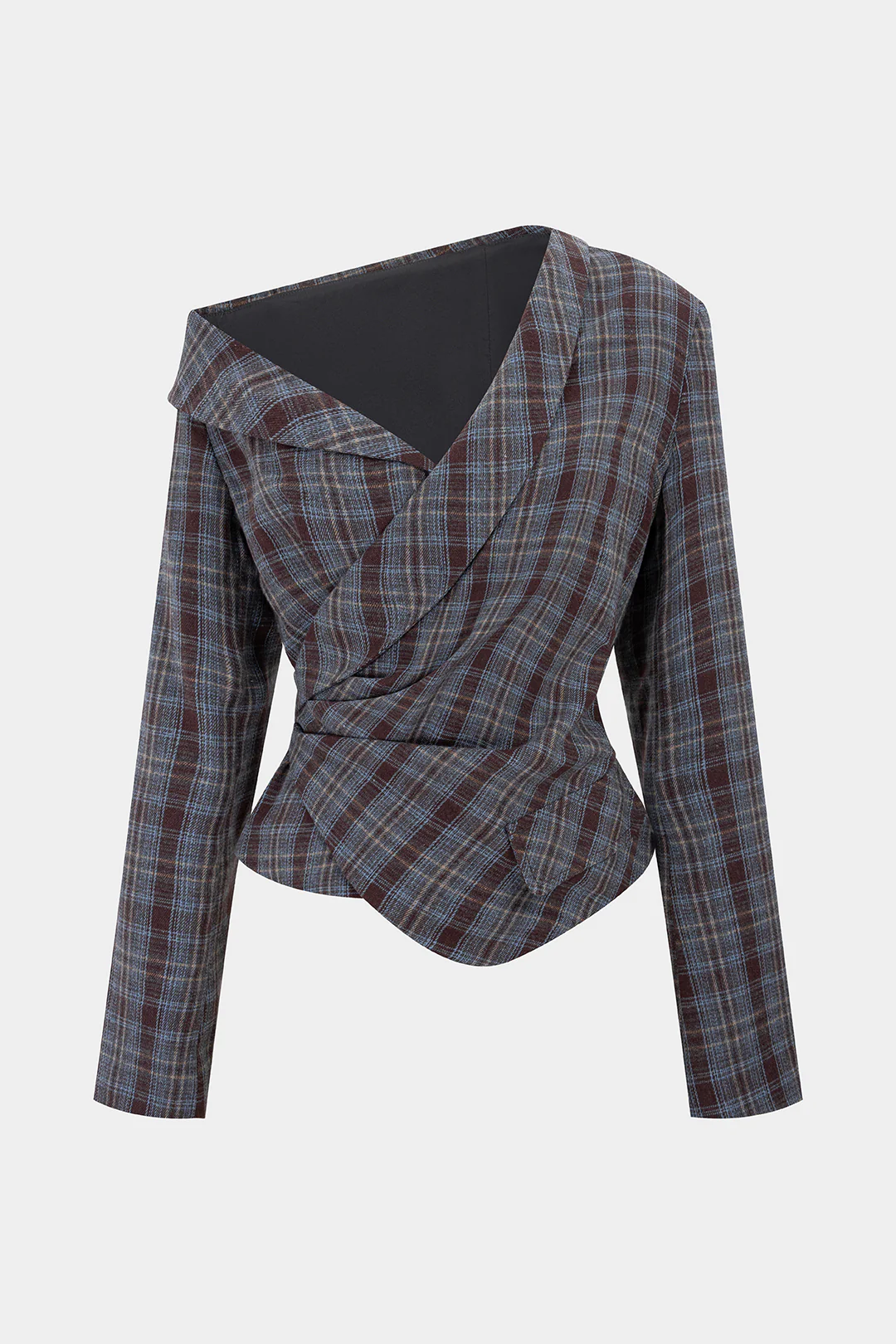 Plaid Print Asymmetrical One Shoulder Ruched Long-Sleeve Top - Image 7