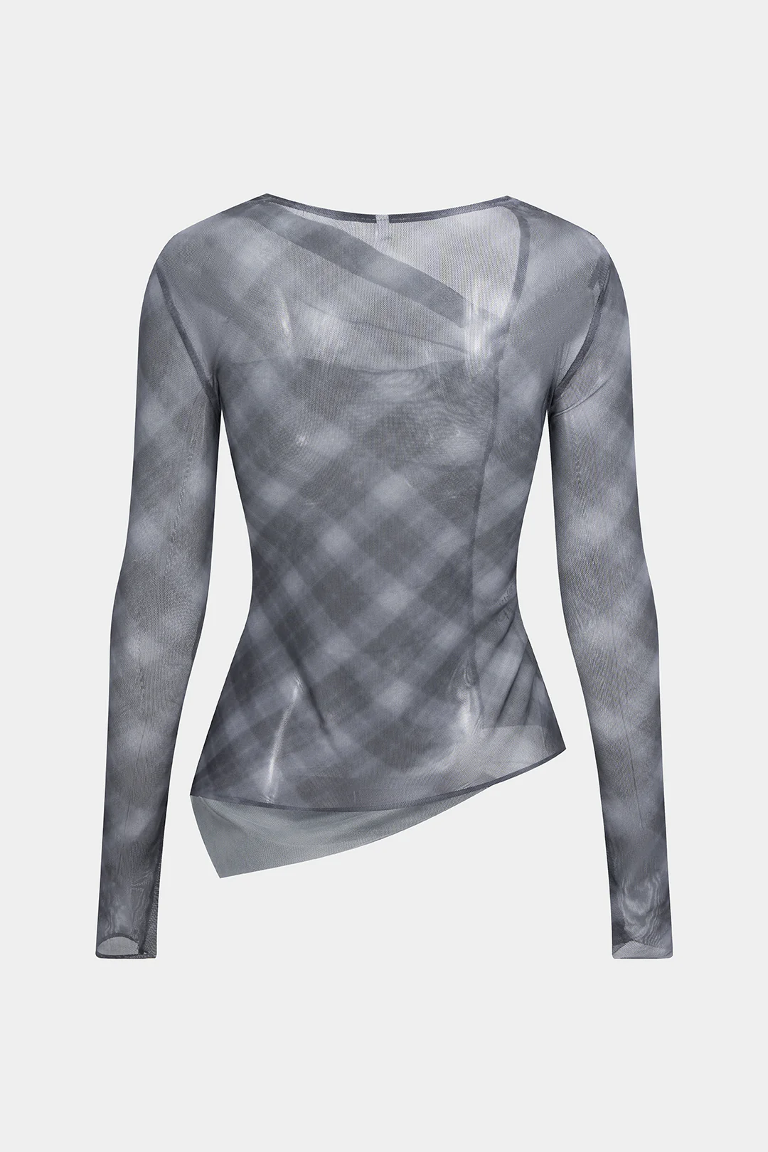 Plaid Print Sheer Mesh Asymmetrical Ruched Top - Image 2