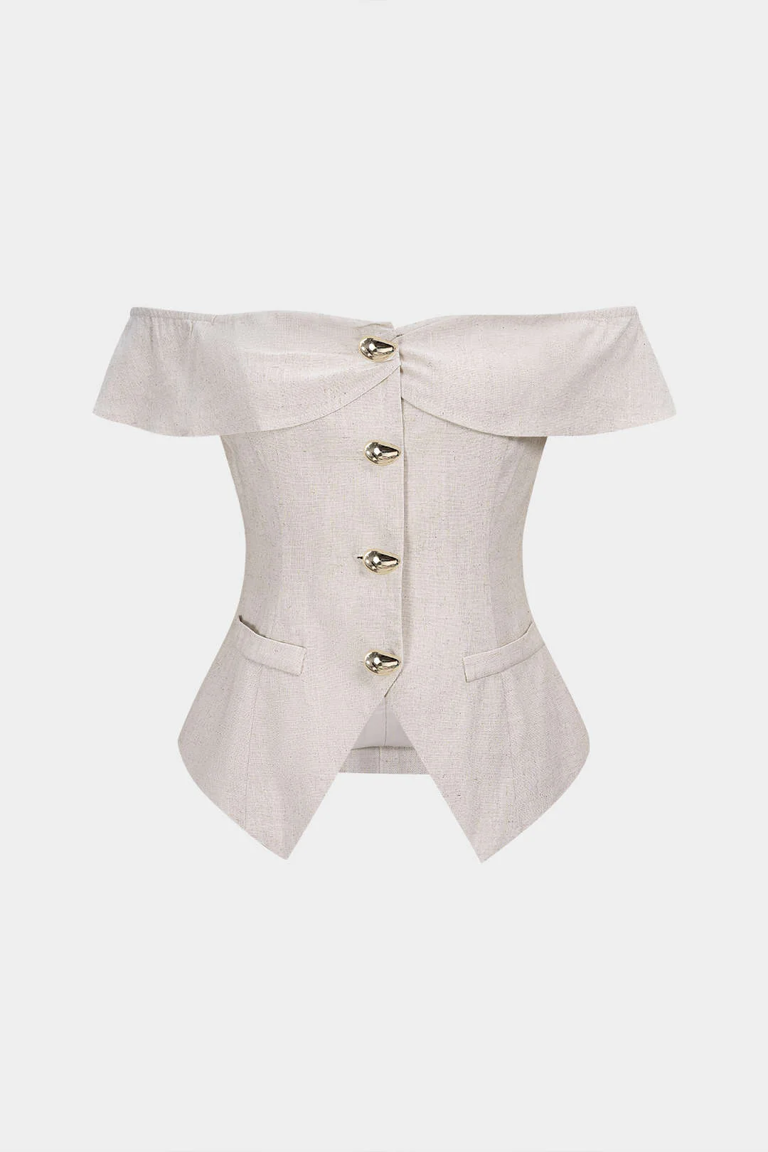 Linen Metallic Button Off-Shoulder Sleeveless Top