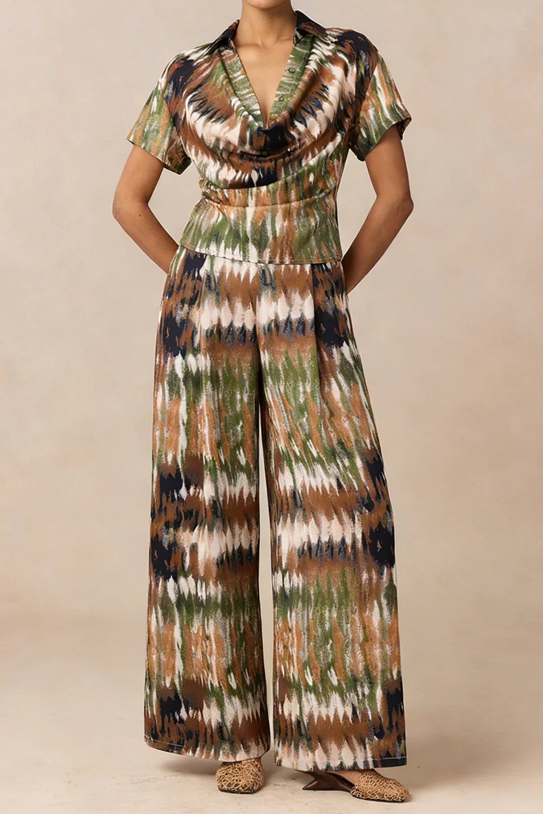 Ombre Print Satin Draped Cowl Neck Short Sleeve Top - Image 5