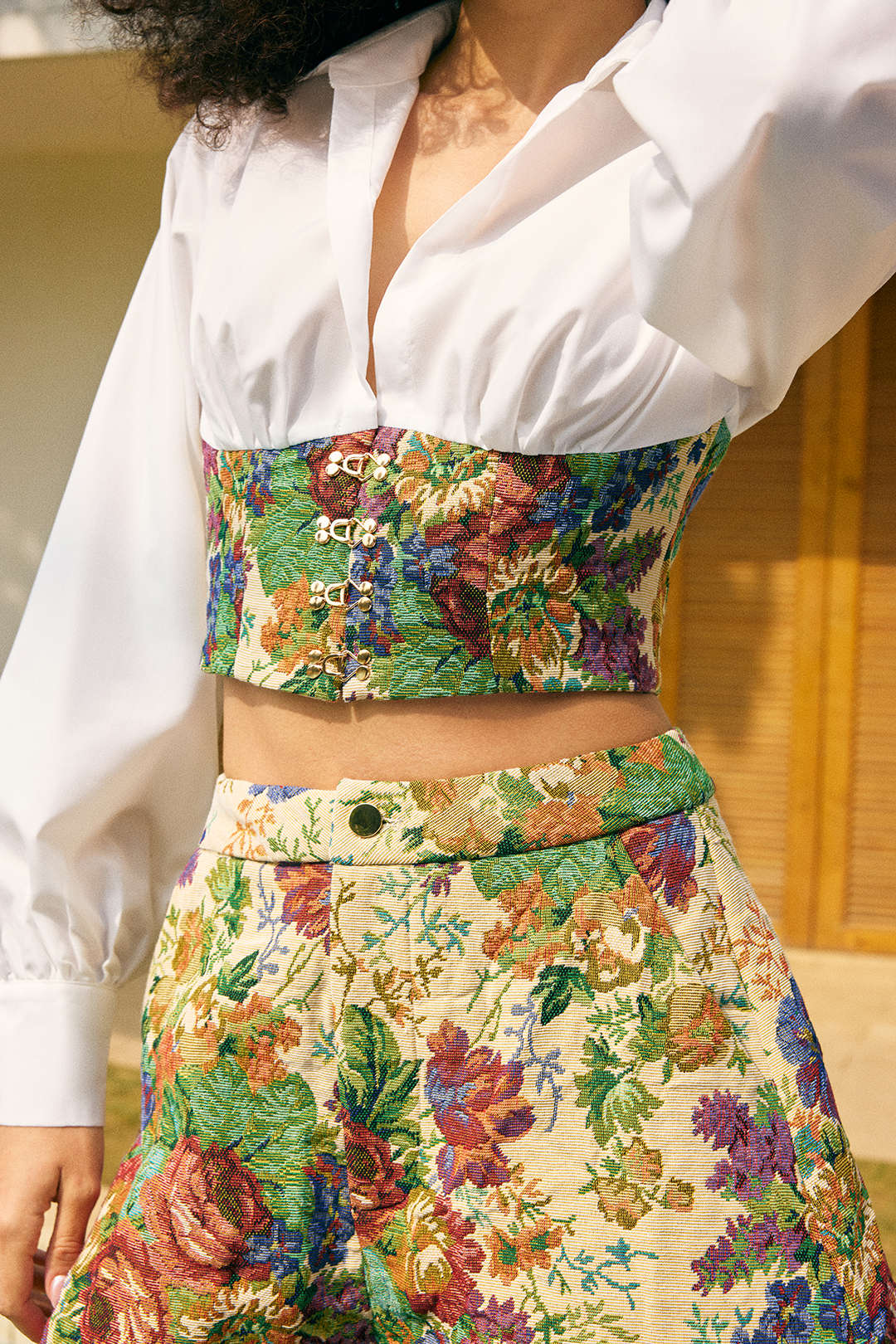 Floral Print Jacquard Ruched Balloon Sleeve Top - Image 6