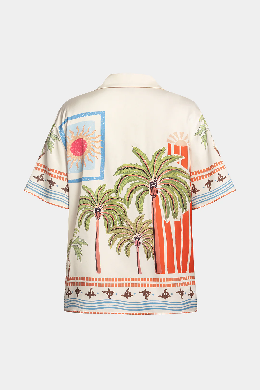 Coconut Palm Print Satin Draped Cowl Neck Button Short-Sleeve Shirt - Image 2