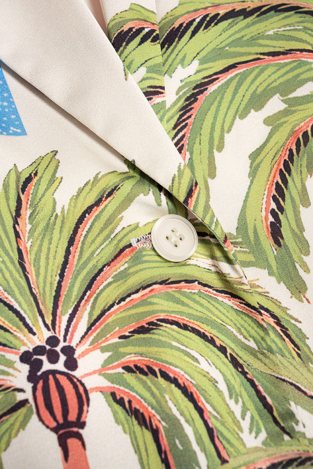 Coconut Palm Print Satin Draped Cowl Neck Button Short-Sleeve Shirt - Image 3