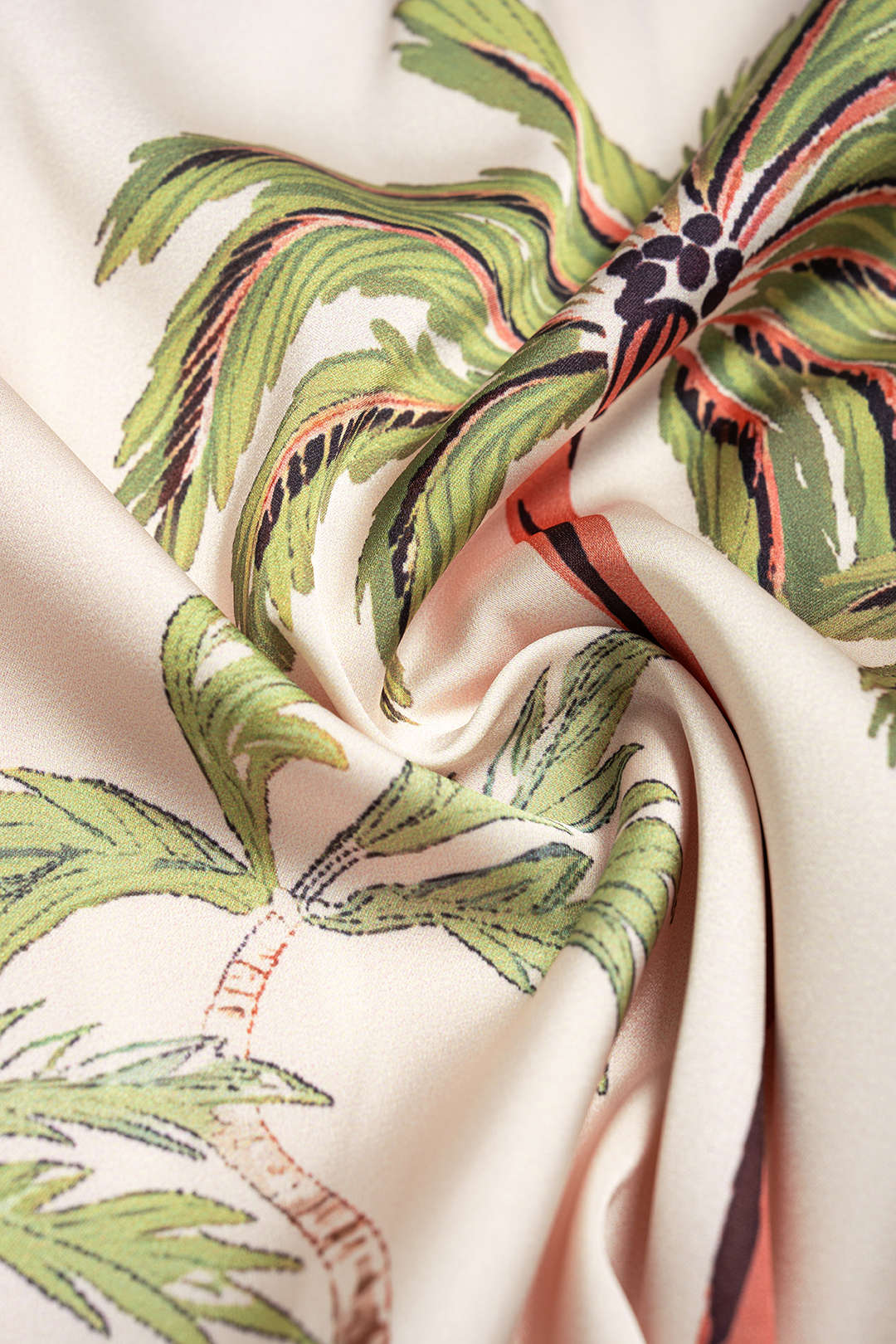 Coconut Palm Print Satin Draped Cowl Neck Button Short-Sleeve Shirt - Image 4