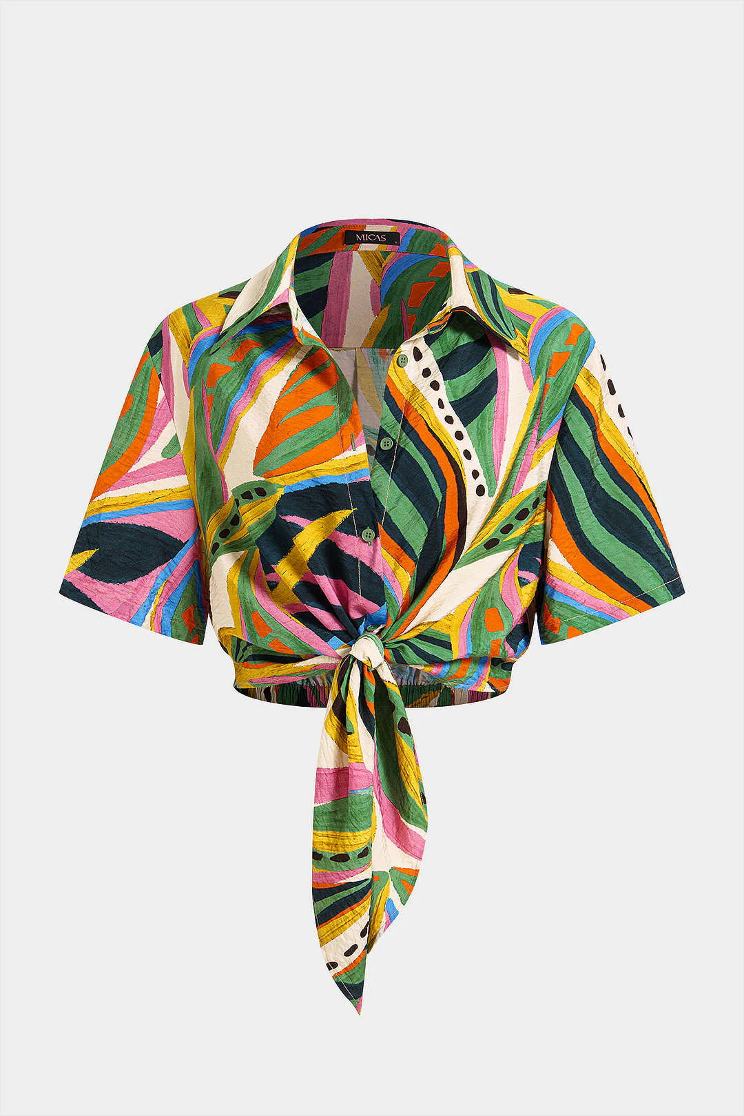 Leaves Contrast Print Tie-Up Button Short-Sleeve Blouse