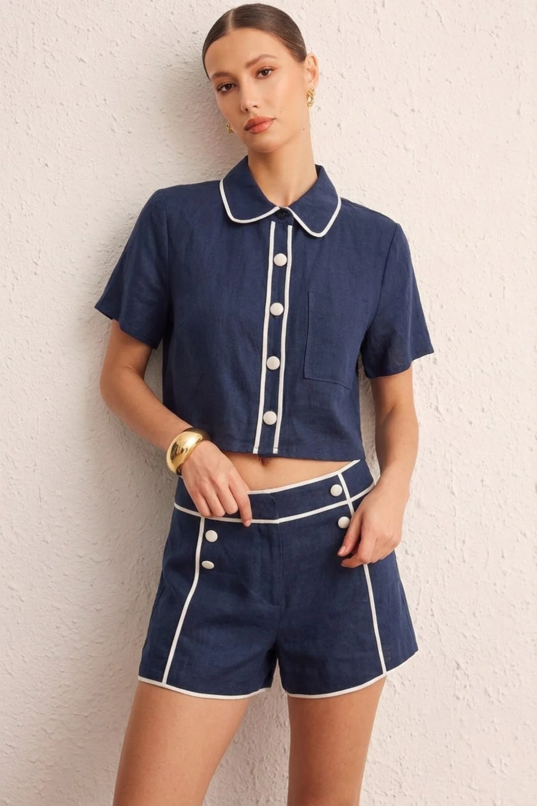 Contrast Binding Lapel Pocket Short Sleeve Shirt - Image 3