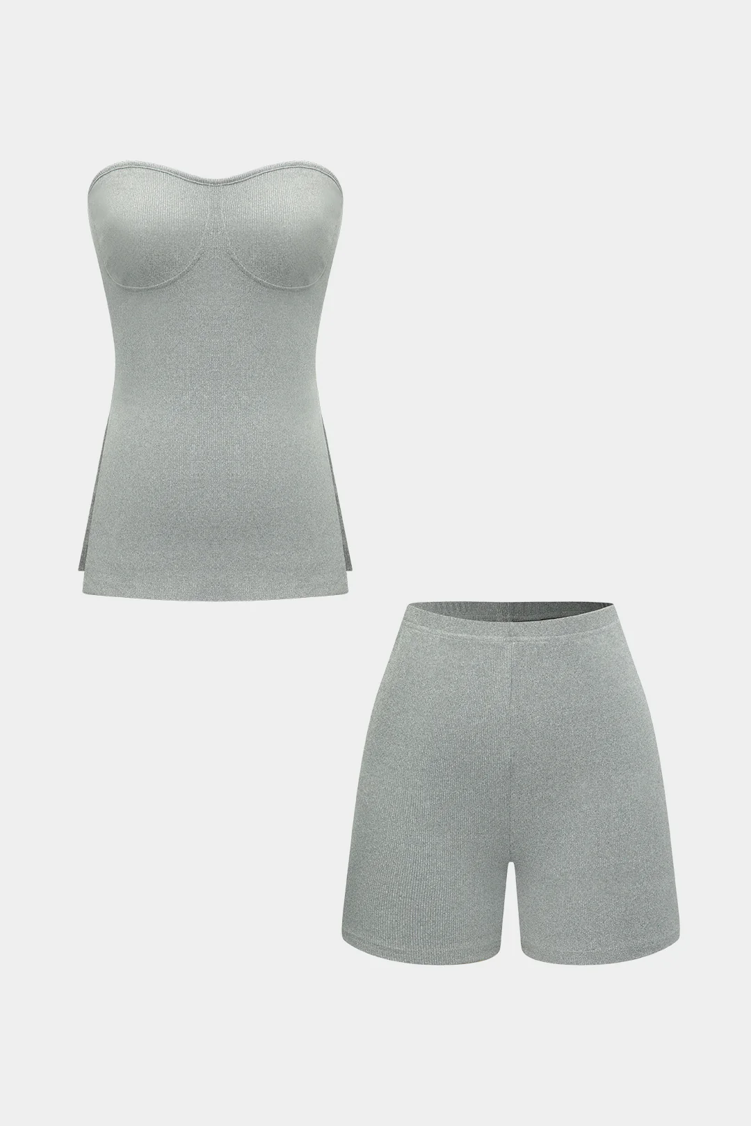 Basic Solid Knit Split Strapless Top And Shorts Set - Image 2