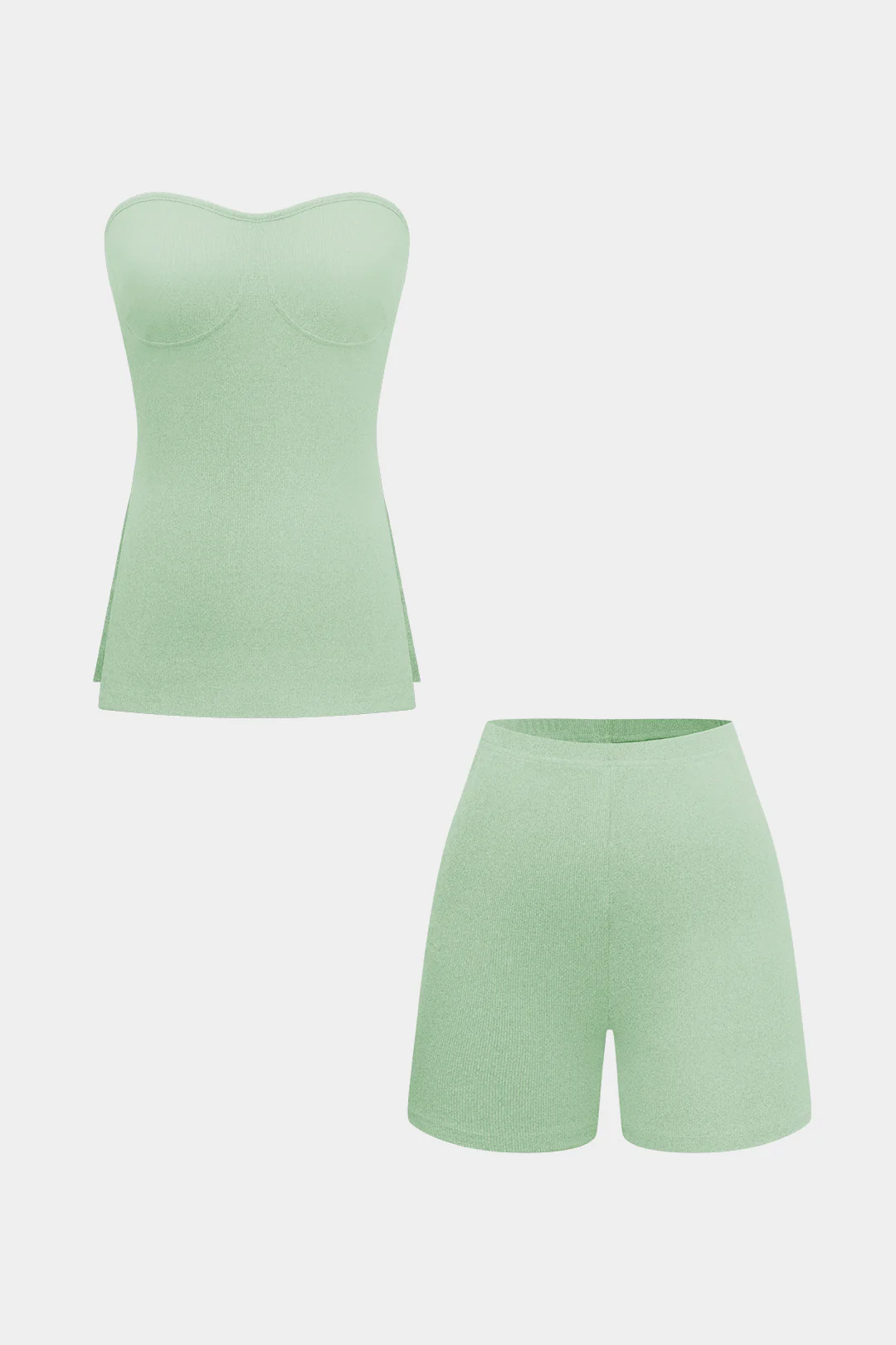 Basic Solid Knit Split Strapless Top And Shorts Set - Image 21