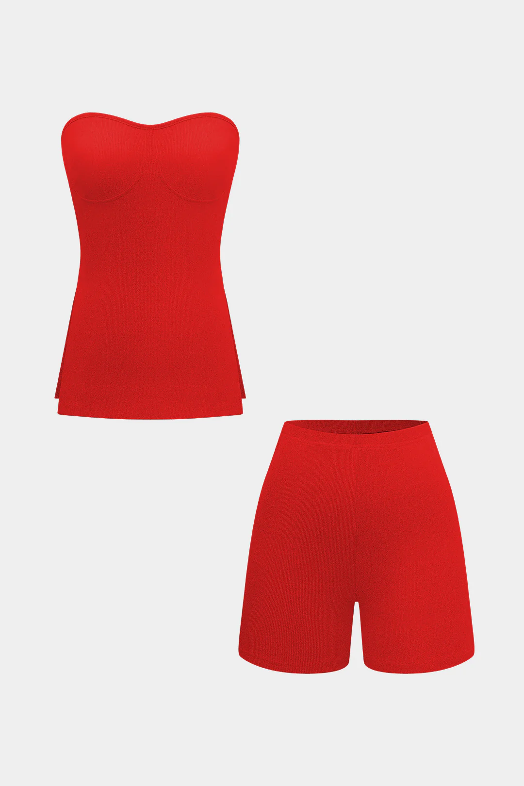 Basic Solid Knit Split Strapless Top And Shorts Set - Image 46