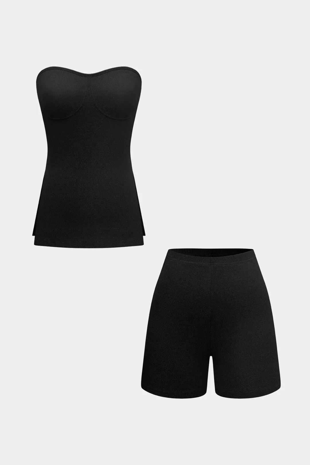 Basic Solid Knit Split Strapless Top And Shorts Set - Image 9