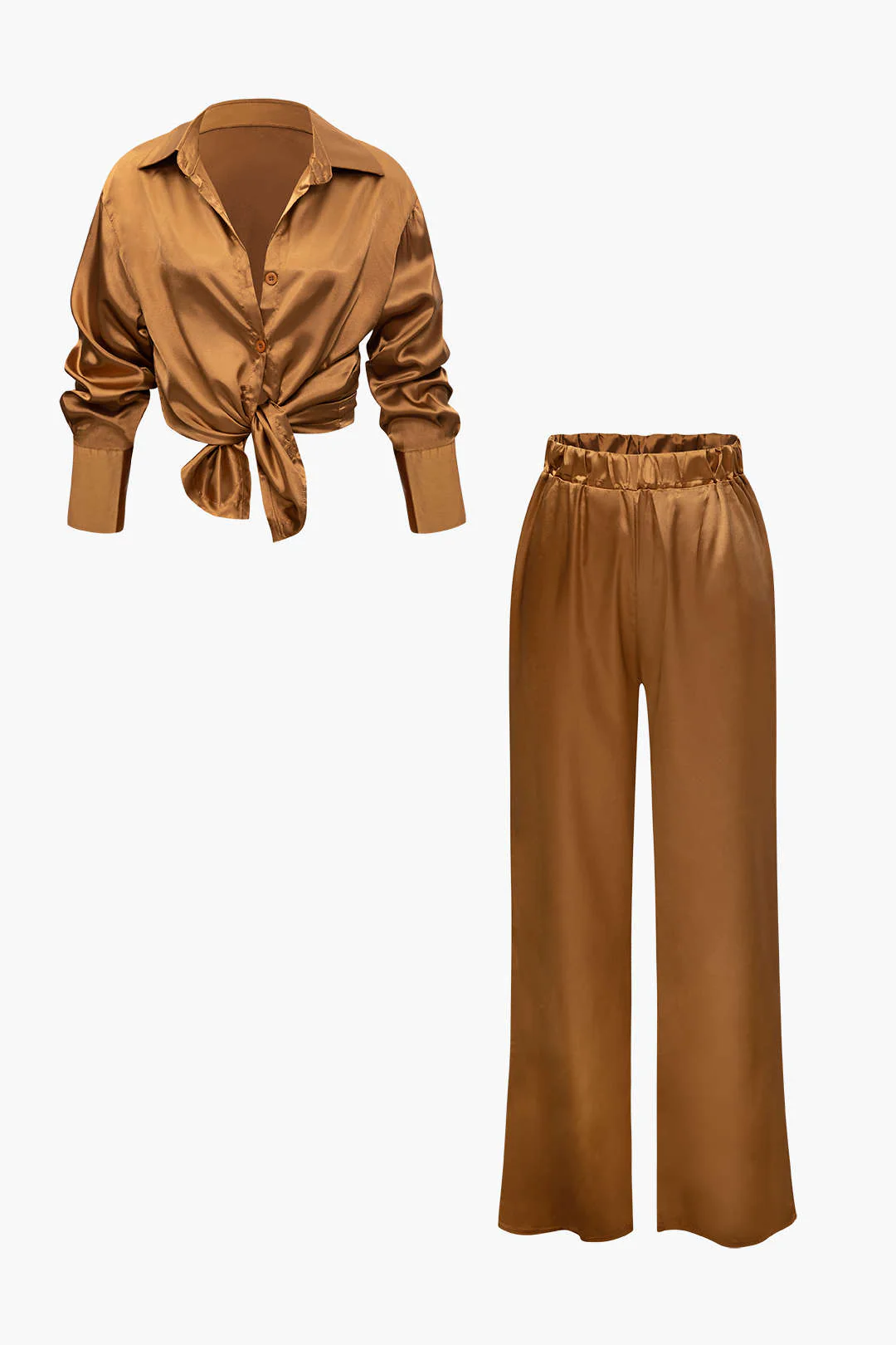Satin Button Up Long Sleeve Shirt And Pants Set - Image 19