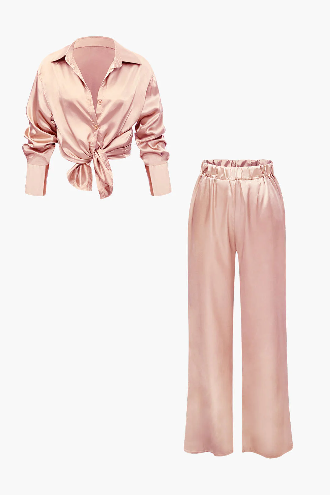 Satin Button Up Long Sleeve Shirt And Pants Set - Image 7