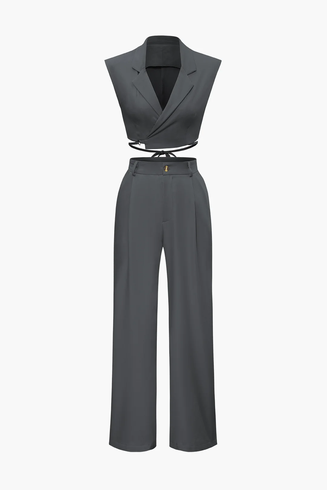 Notched Lapel Tie Back Vest And Straight Leg Suit Pants Set - Image 20