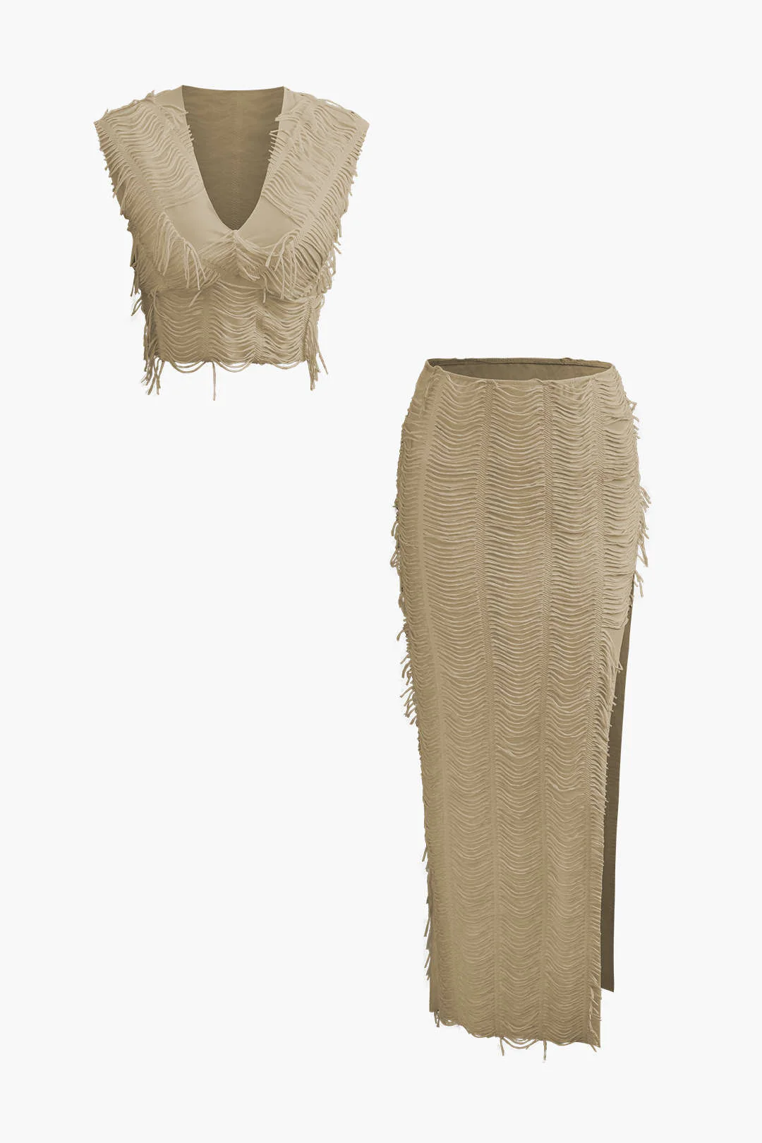 Distressed V-neck Cap Sleeve Crop Top And Slit Maxi Skirt Set - Image 14