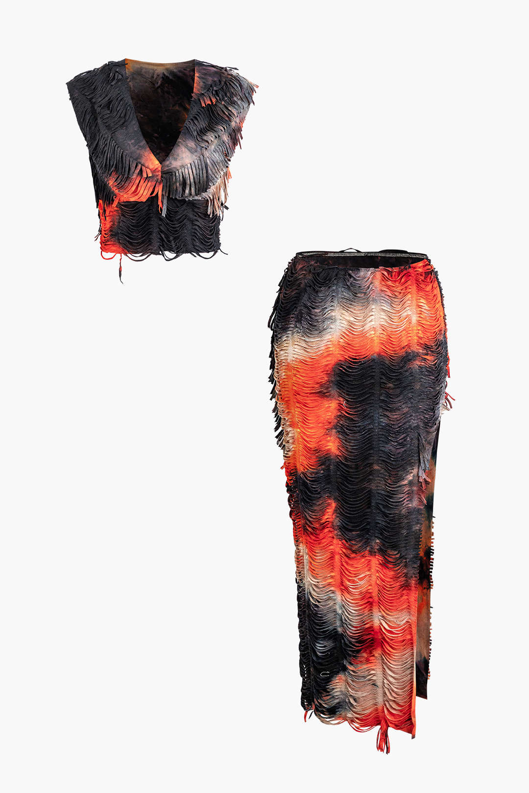 Distressed V-neck Cap Sleeve Crop Top And Slit Maxi Skirt Set - Image 20