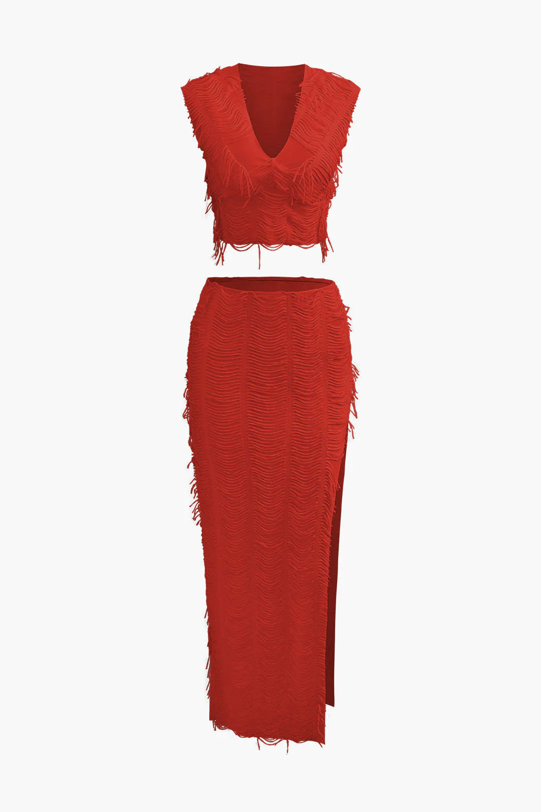 Distressed V-neck Cap Sleeve Crop Top And Slit Maxi Skirt Set - Image 34