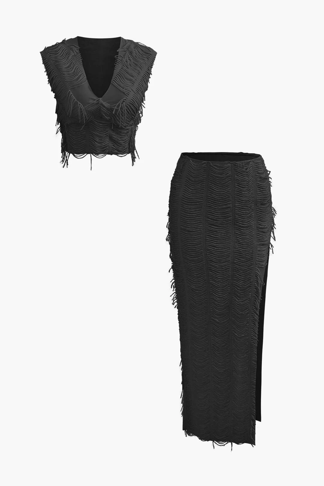 Distressed V-neck Cap Sleeve Crop Top And Slit Maxi Skirt Set - Image 8