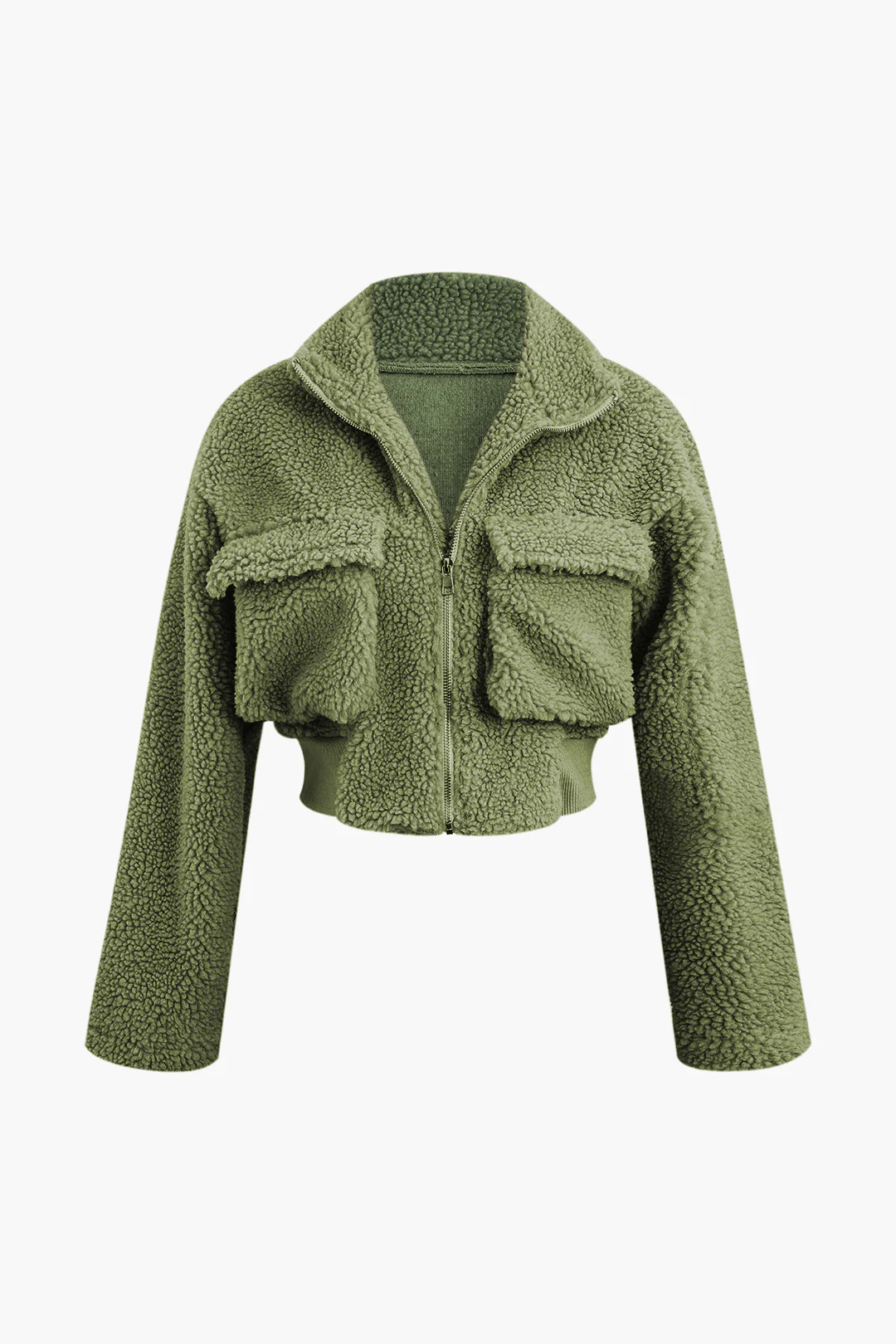 Fleece Collar Flap Pocket Zip Up Long Sleeve Top And Straight Leg Cargo Pants Set - Image 2