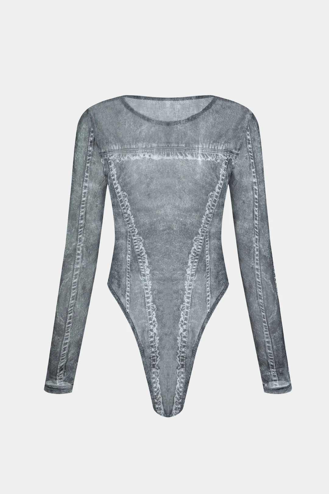 Mesh Fake Button Long Sleeve BodySuit  And Skirt Set - Image 3