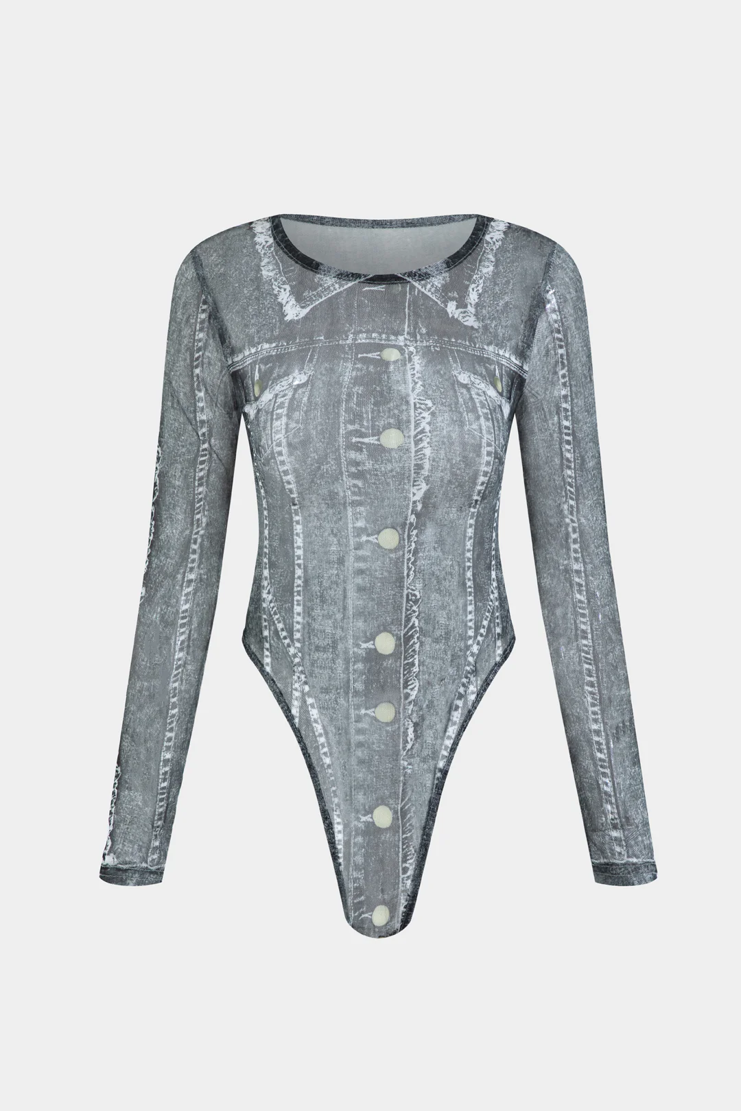 Mesh Fake Button Long Sleeve BodySuit  And Skirt Set - Image 4