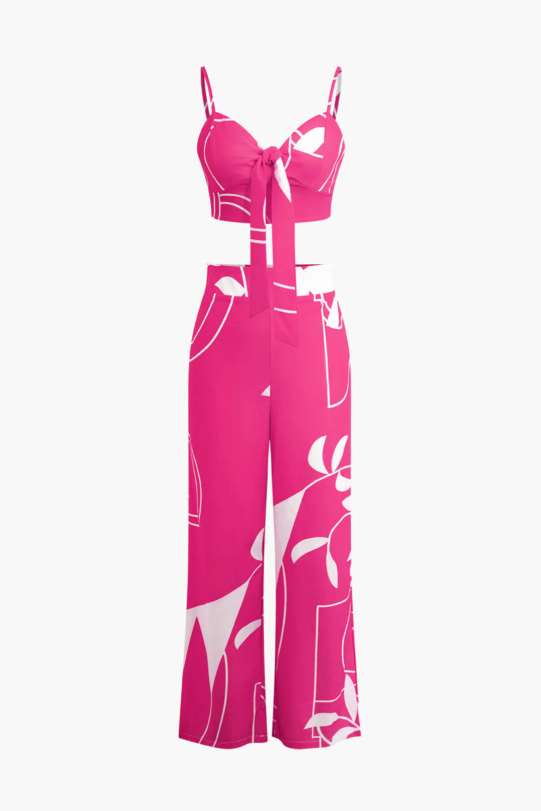 Bamboo Leaf Print Knot Cami Top And Pants Set - Image 13