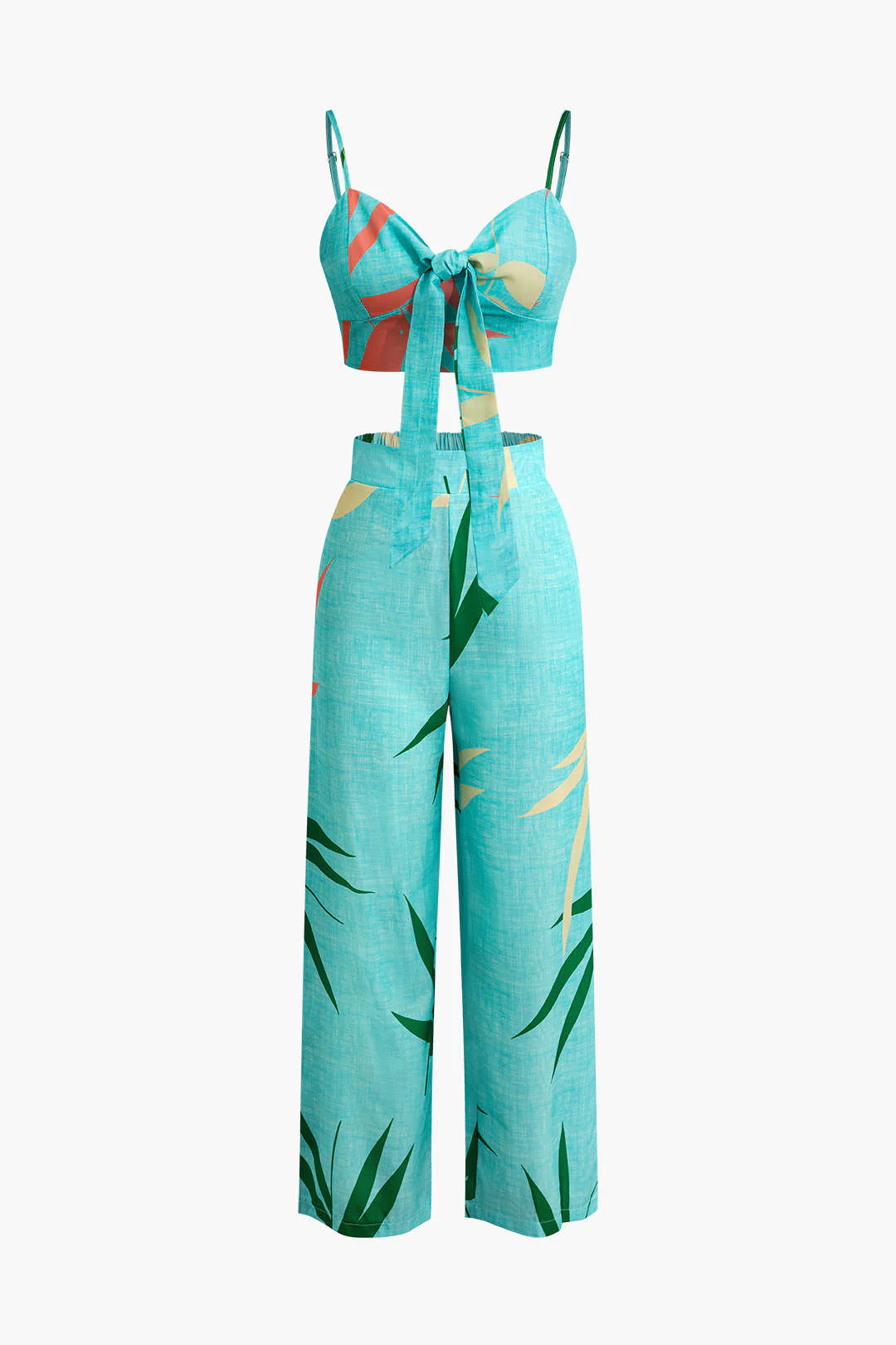 Bamboo Leaf Print Knot Cami Top And Pants Set - Image 18