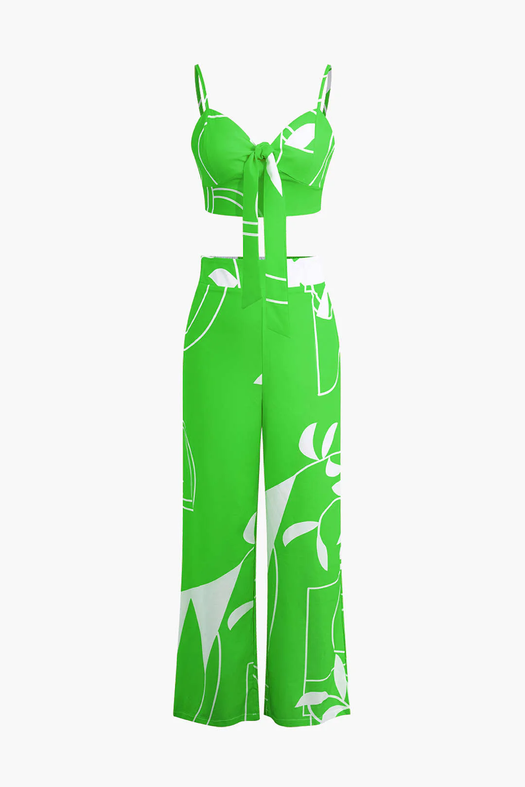 Bamboo Leaf Print Knot Cami Top And Pants Set - Image 24