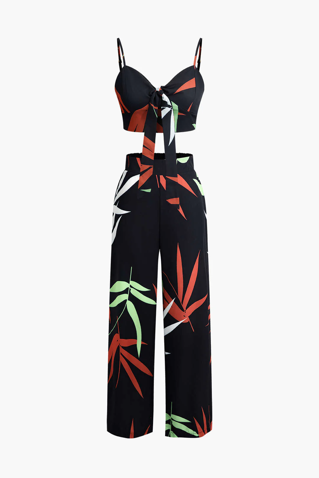 Bamboo Leaf Print Knot Cami Top And Pants Set - Image 7