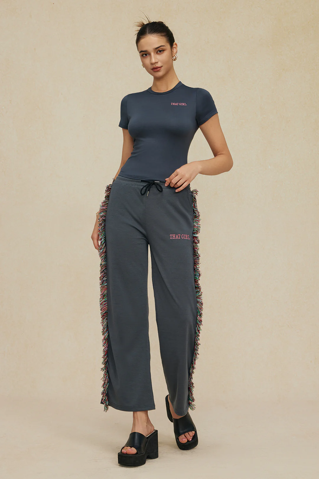 Letter Print T-shirt And Tassel Drawstring Pants Set - Image 13