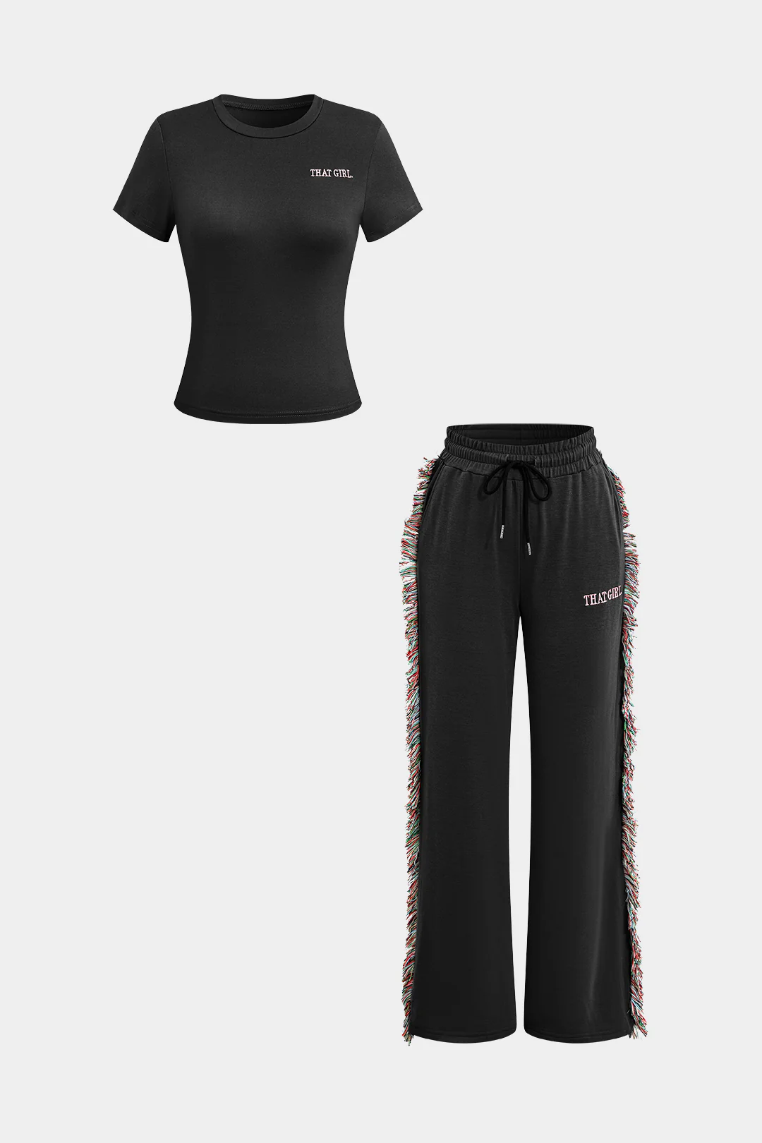 Letter Print T-shirt And Tassel Drawstring Pants Set - Image 18