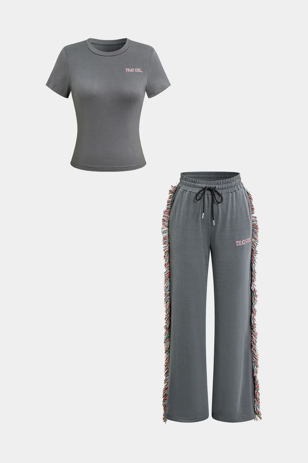 Letter Print T-shirt And Tassel Drawstring Pants Set - Image 6