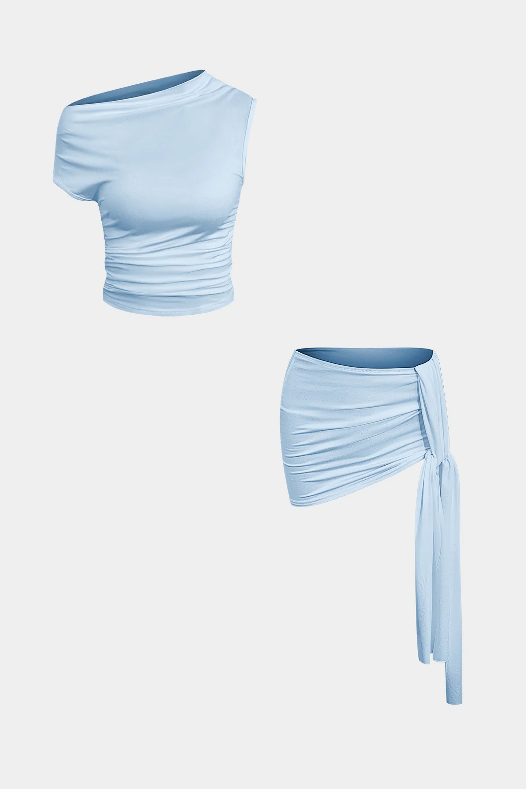 Basic Asymmetrical Ruched Crop Top And Tie Mini Skirt Set - Image 13