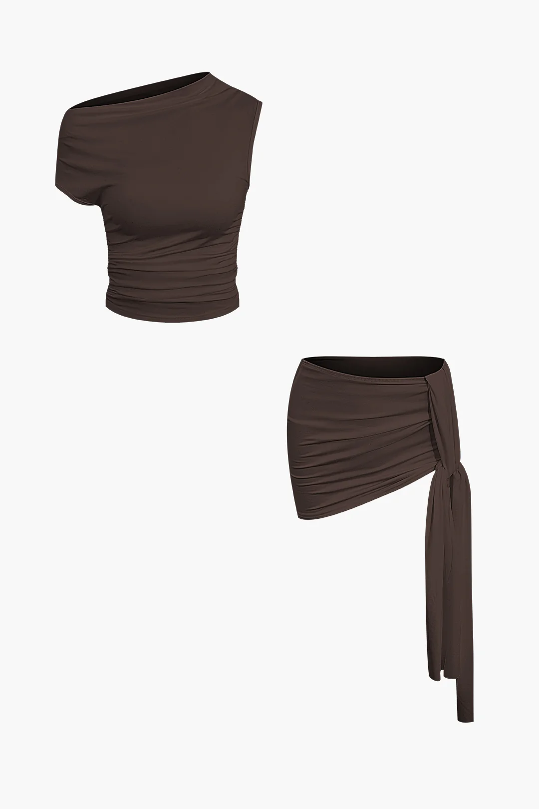 Basic Asymmetrical Ruched Crop Top And Tie Mini Skirt Set - Image 8