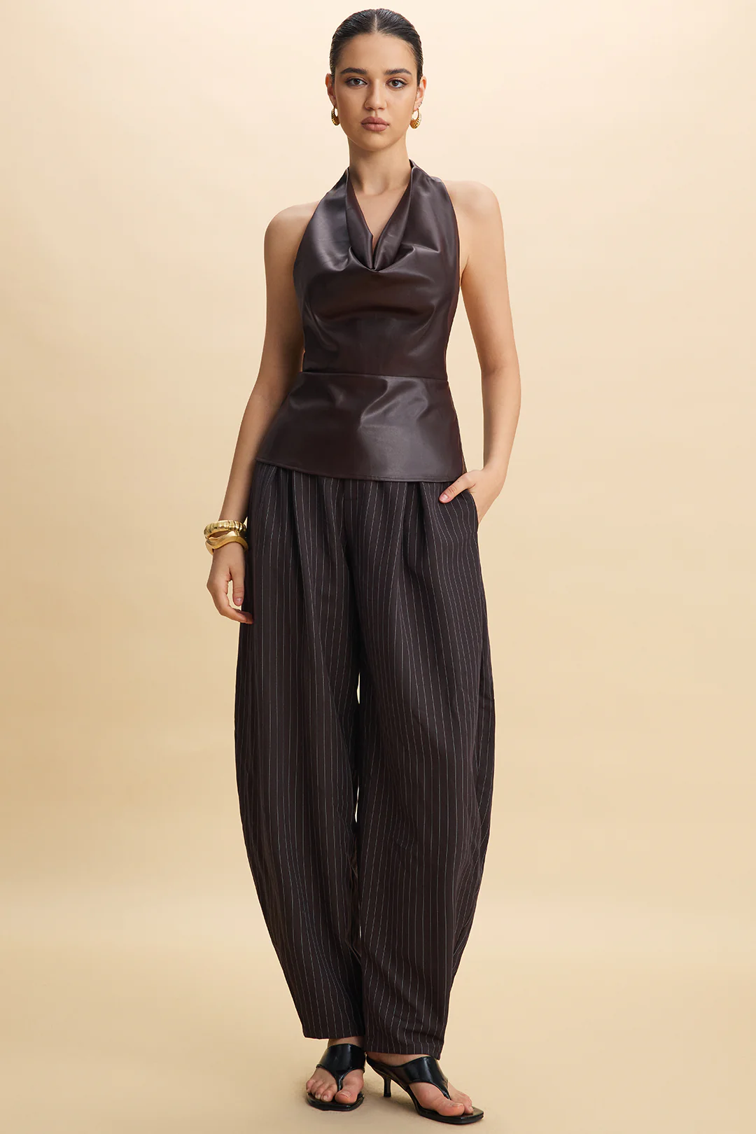 Stripes Print Ruched Barrel Trousers - Image 2