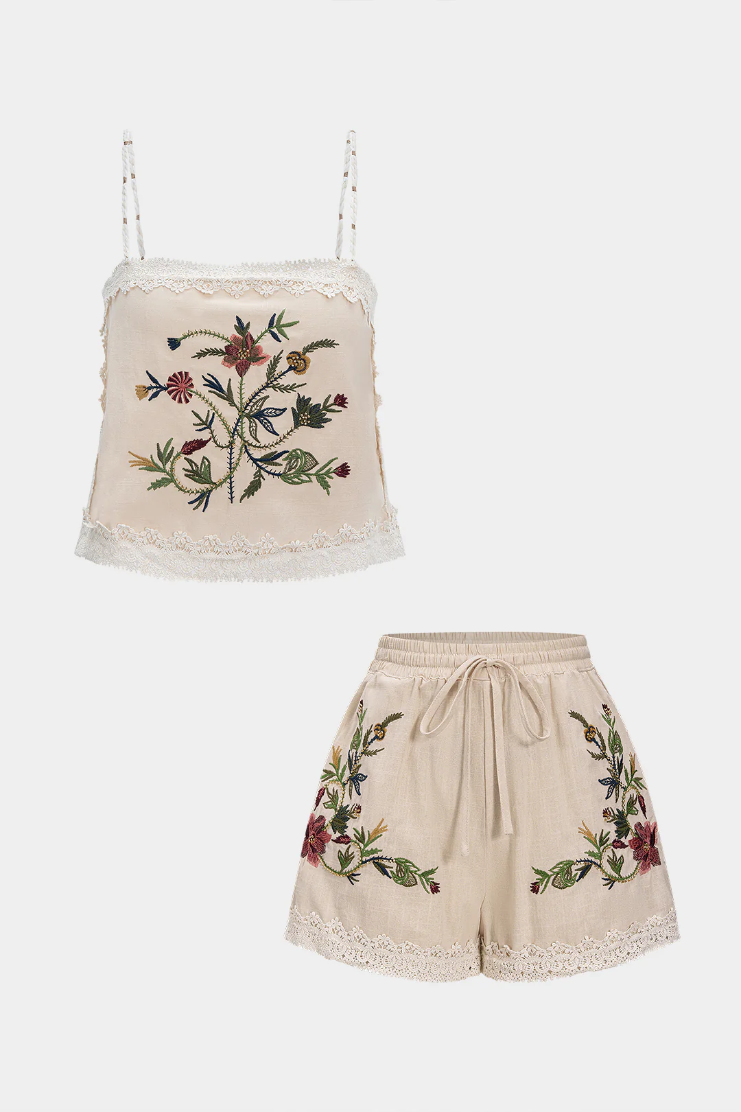 Lace Trim Patchwork Embroidery Tie-Up Shorts - Image 2