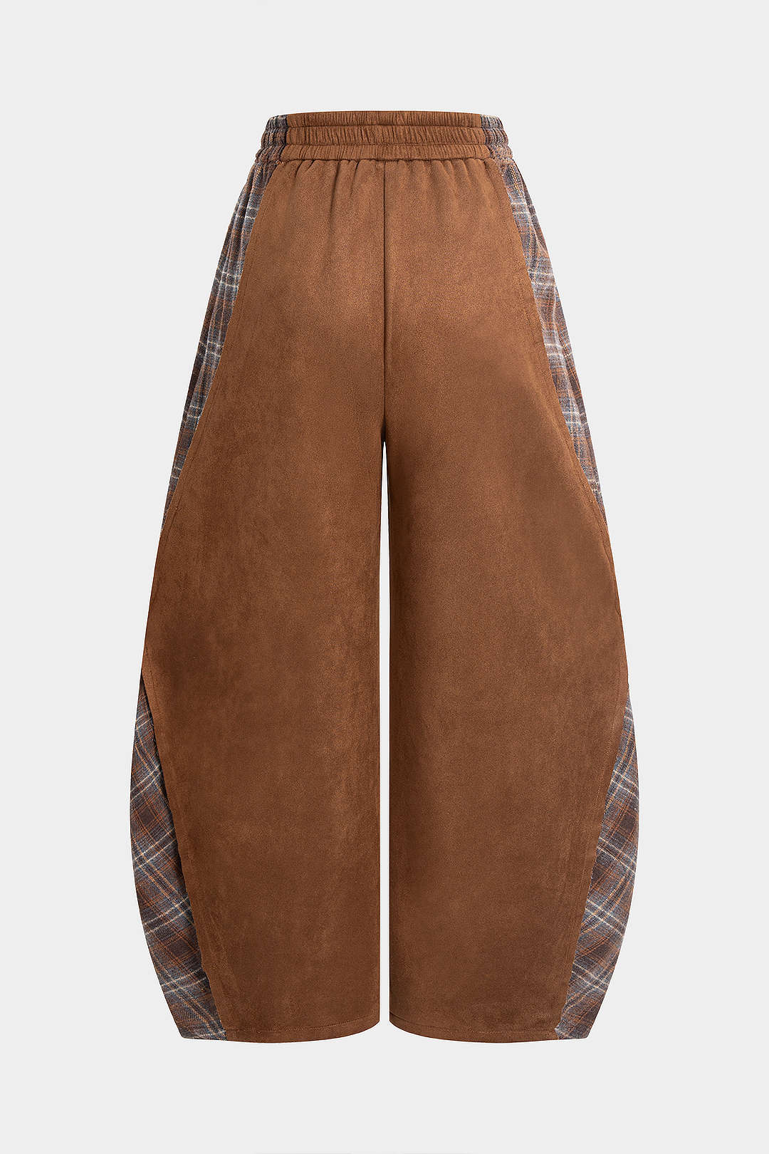 Plaid Print Suede Patchwork Shirred Waistband Pants - Image 2