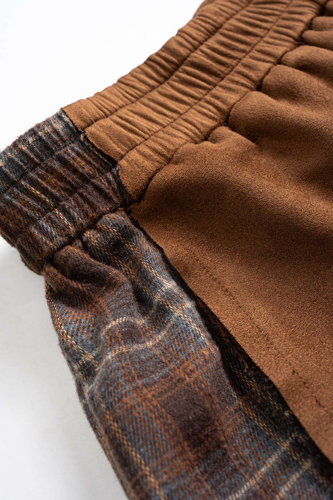 Plaid Print Suede Patchwork Shirred Waistband Pants - Image 3
