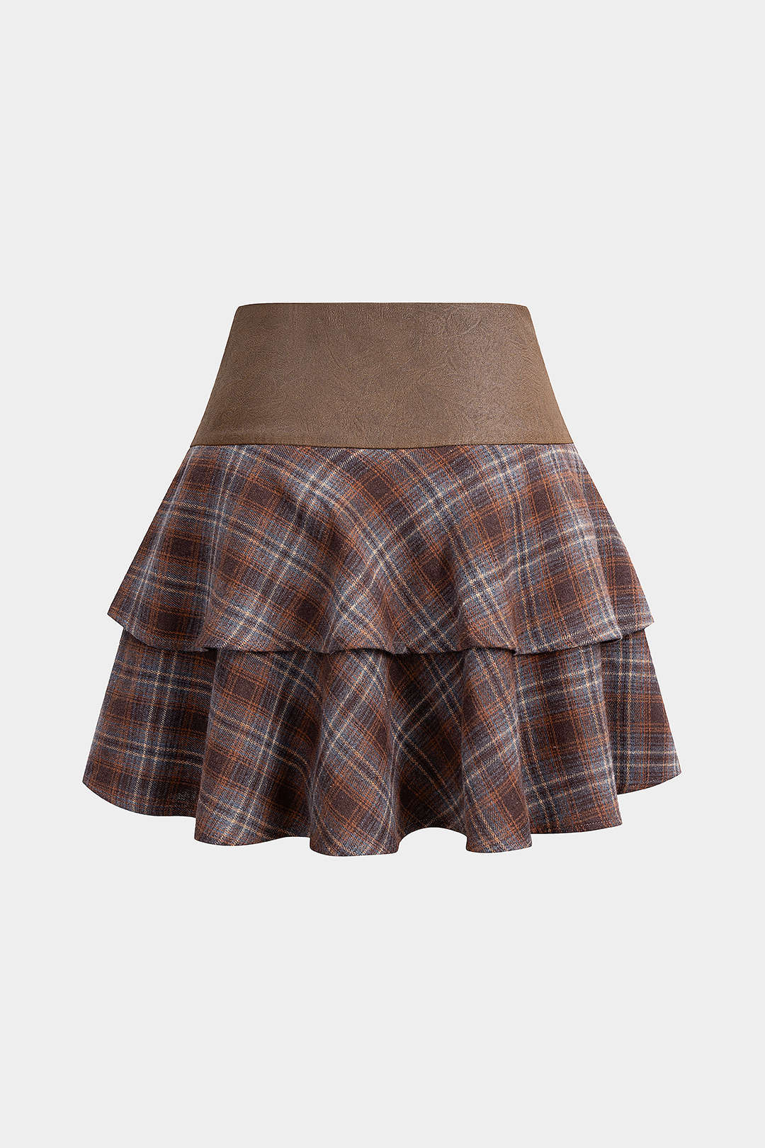 Plaid Print Faux Leather Patchwork Layered Ruffle Hem Skirt - Image 2