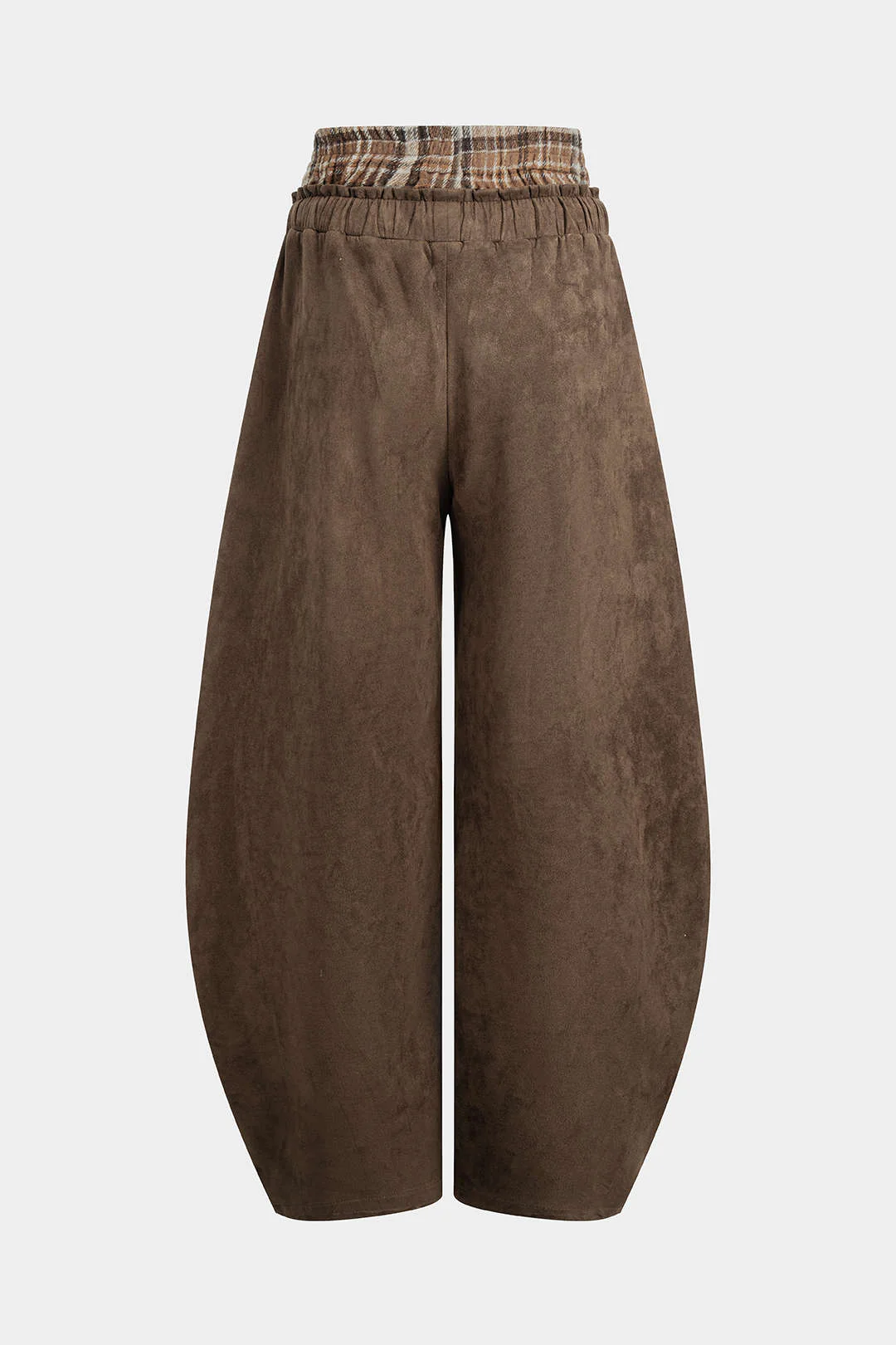 Plaid Print Suede Double Waistband Patchwork Drawstring Pants - Image 2