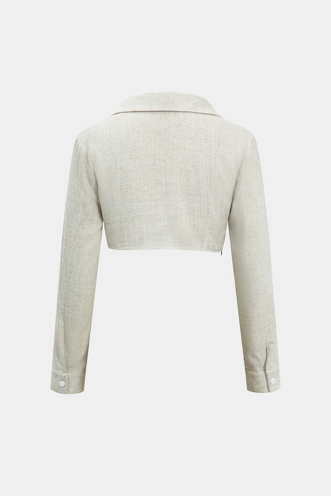 Color Block Faux Leather Linen Ruched Long-Sleeve Shirt - Image 2