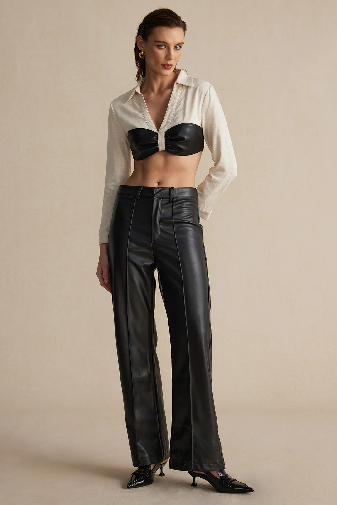Color Block Faux Leather Linen Ruched Long-Sleeve Shirt - Image 5