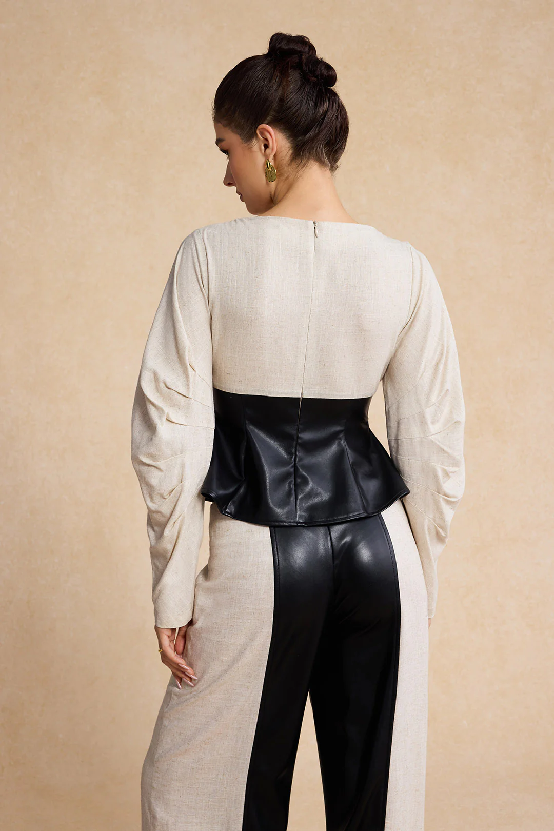 Linen Faux Leather Patchwork Long-Sleeve Shirt - Image 10