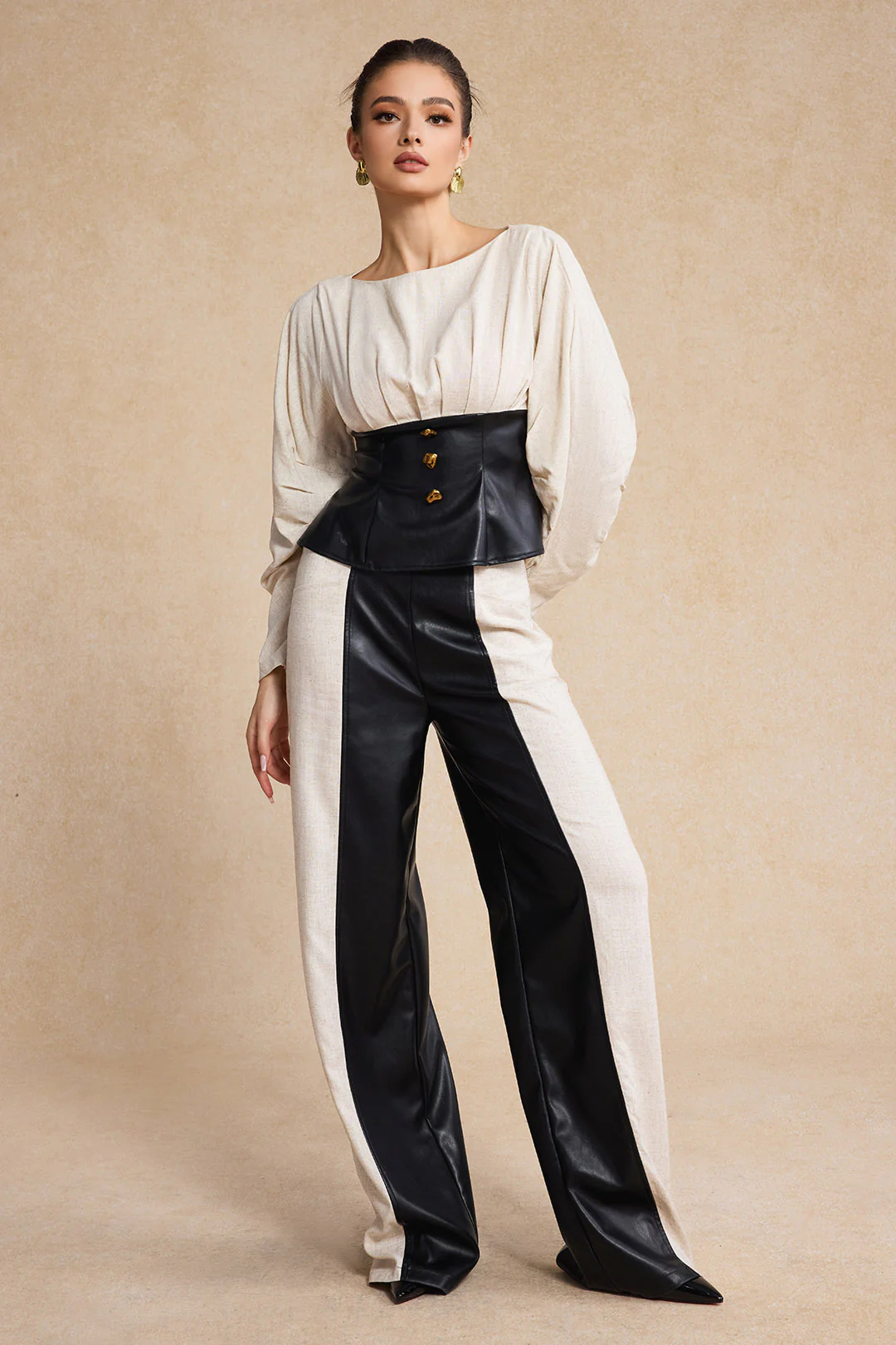 Linen Faux Leather Patchwork Long-Sleeve Shirt - Image 7