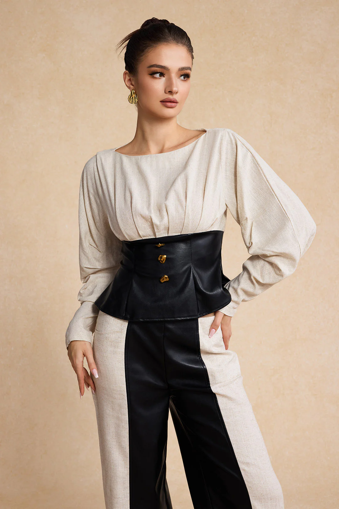 Linen Faux Leather Patchwork Long-Sleeve Shirt - Image 8