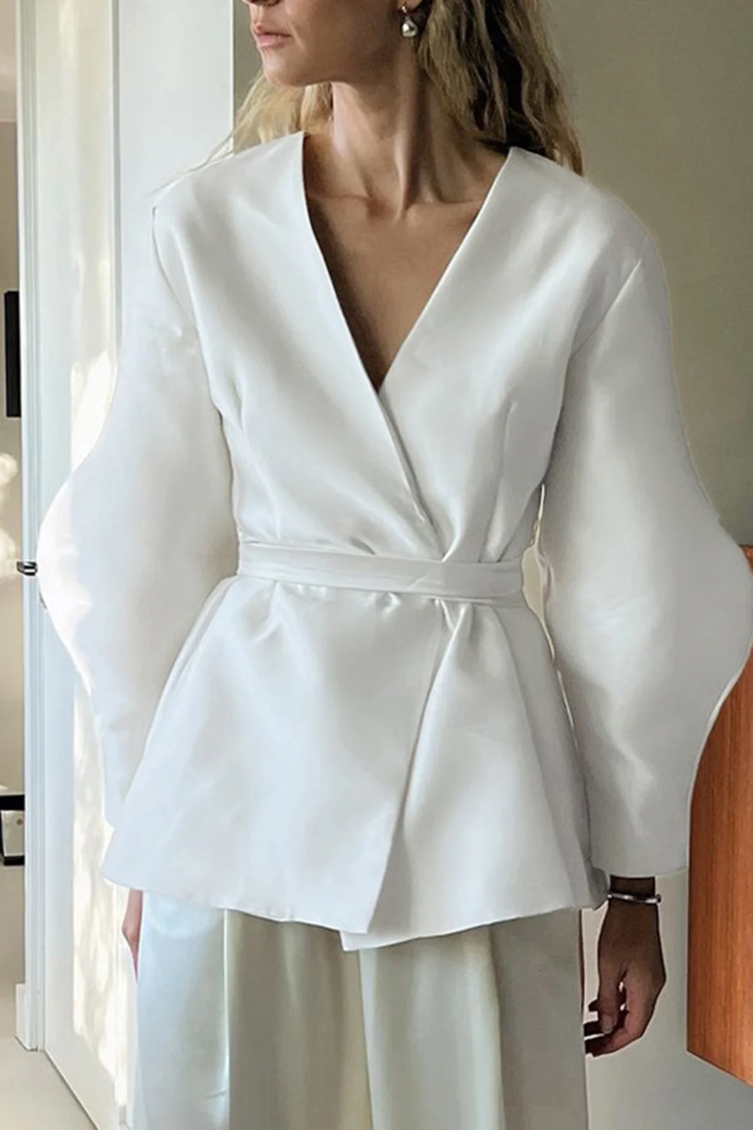 Solid V-Neck Tie Up Long-Sleeve Shirt - Image 2