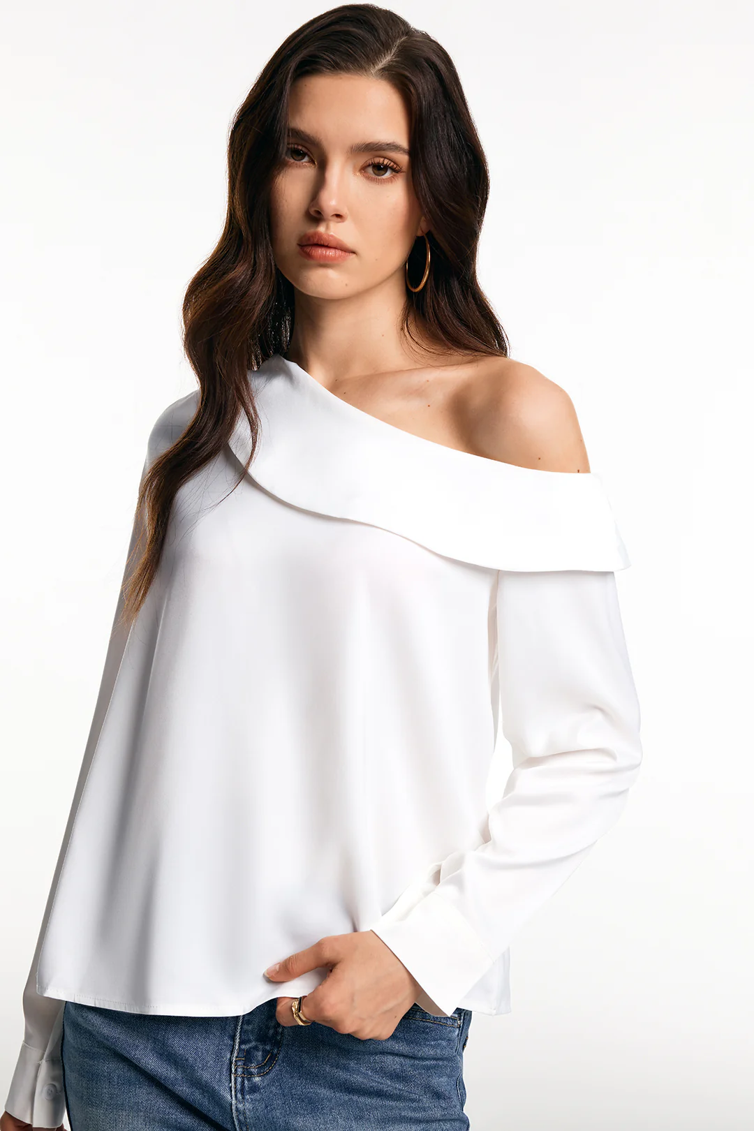 Satin One Shoulder Asymmetrical Long-Sleeve Shirt - Image 2