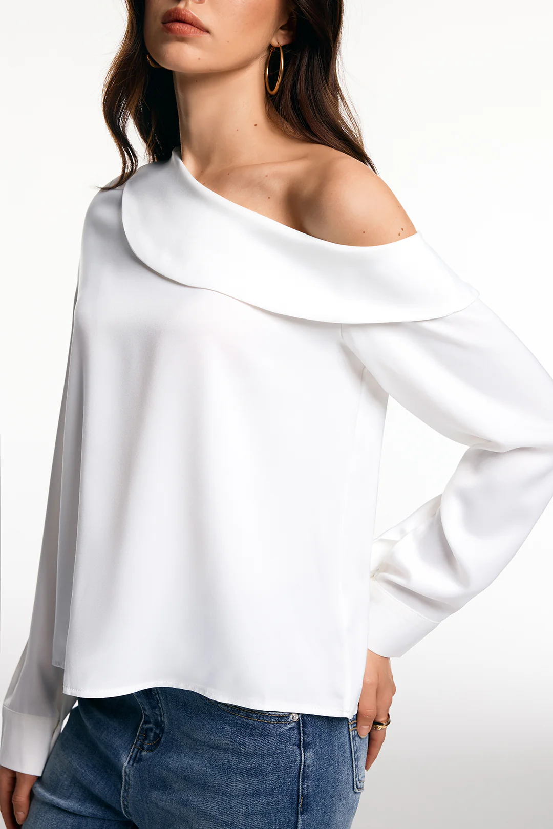 Satin One Shoulder Asymmetrical Long-Sleeve Shirt - Image 4
