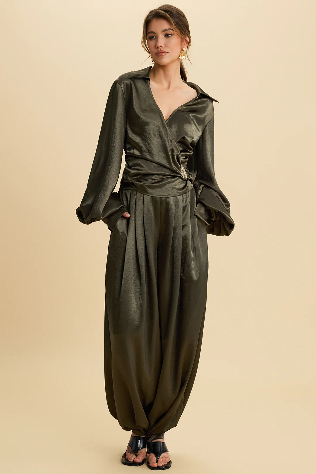 Satin Metallic Decor Ruched V-Neck Long-Sleeve Shirt - Image 2