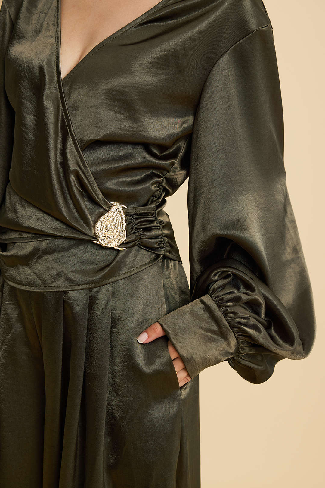 Satin Metallic Decor Ruched V-Neck Long-Sleeve Shirt - Image 3