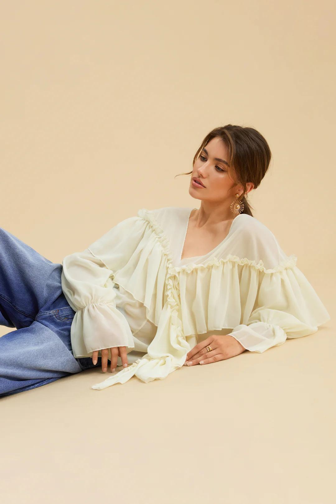 Chiffon Ruffle Ruched Strappy Bell Long-Sleeve Shirt - Image 5
